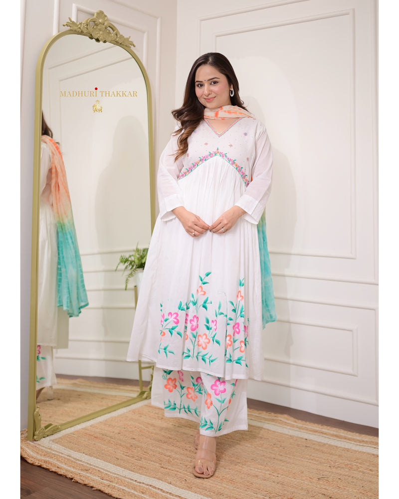White-Turquoise Mul Cotton Aline Handwork Suit