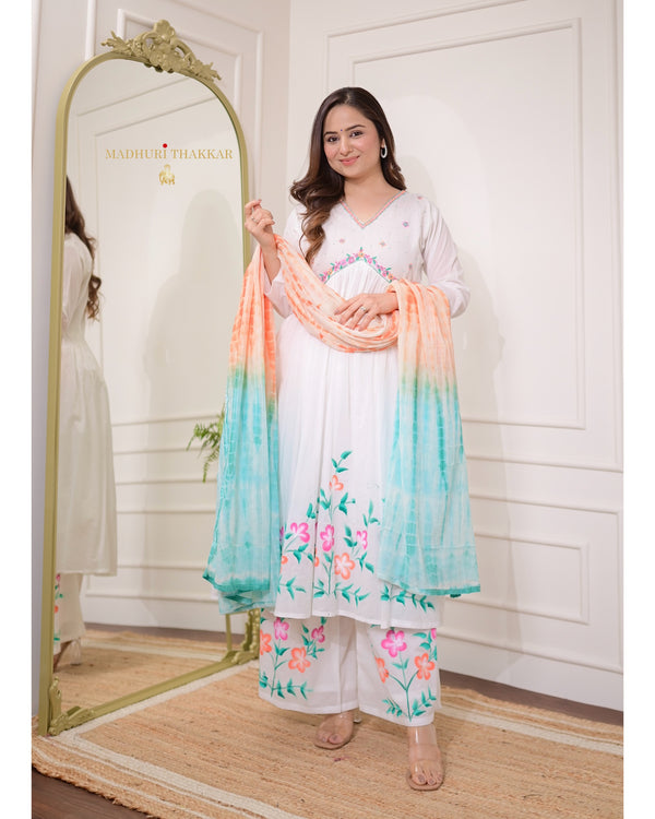 White-Turquoise Mul Cotton Aline Handwork Suit