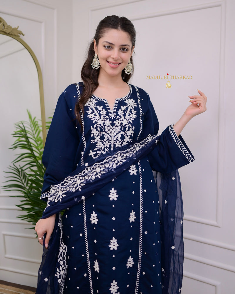 Navy Blue Lucknowi Silk Suit
