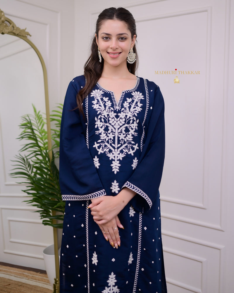 Navy Blue Lucknowi Silk Suit
