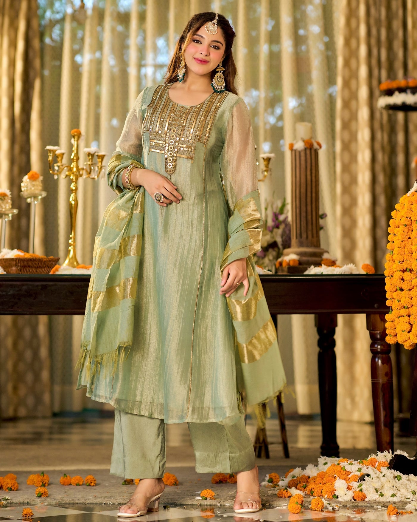 Sage Noor E Gul Crush Shimmer A Line Festive Suit