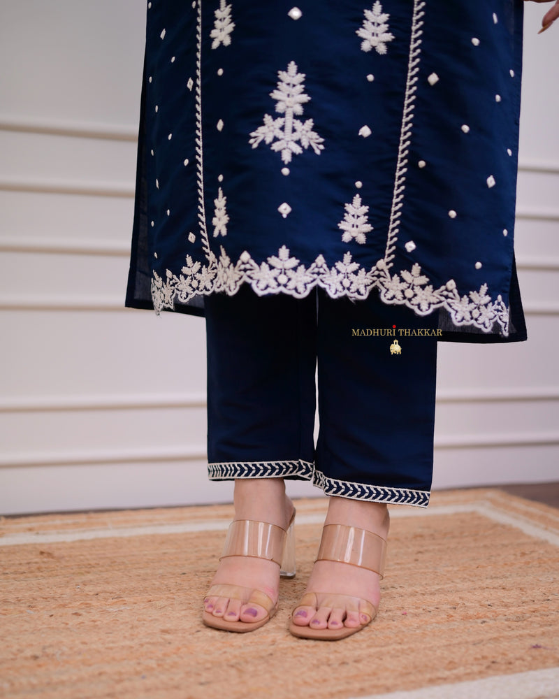 Navy Blue Lucknowi Silk Suit
