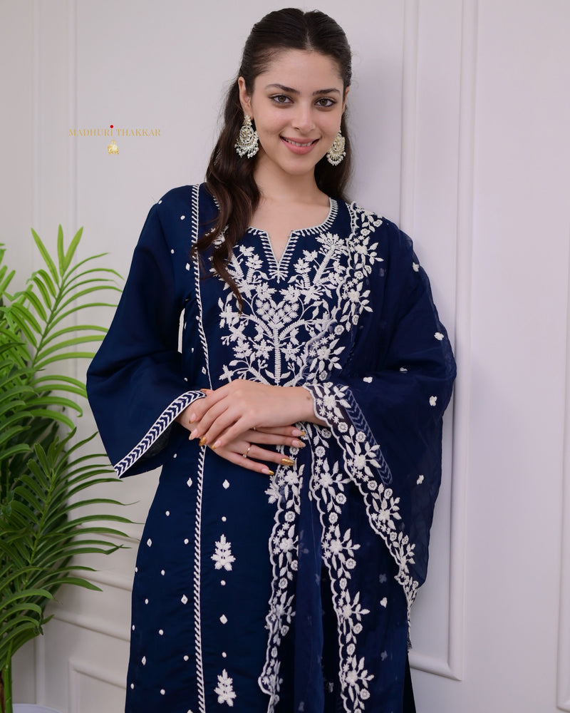 Navy Blue Lucknowi Silk Suit