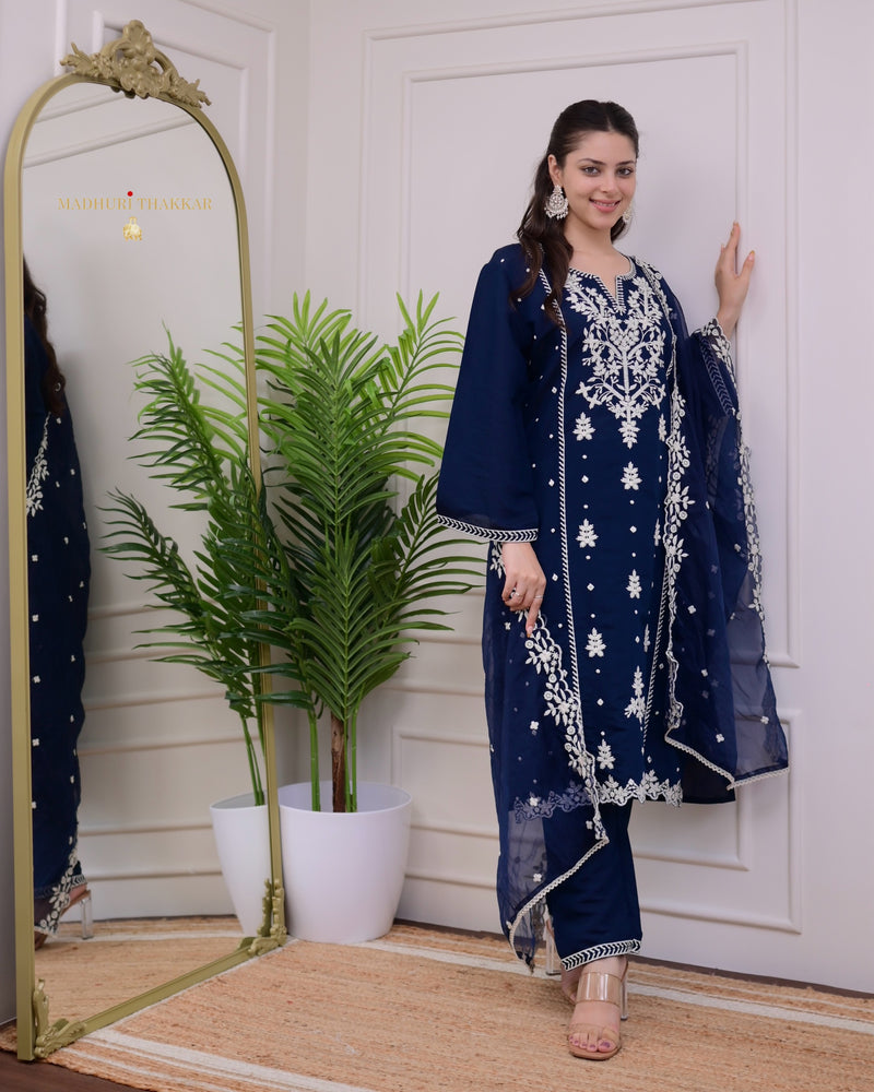 Navy Blue Lucknowi Silk Suit
