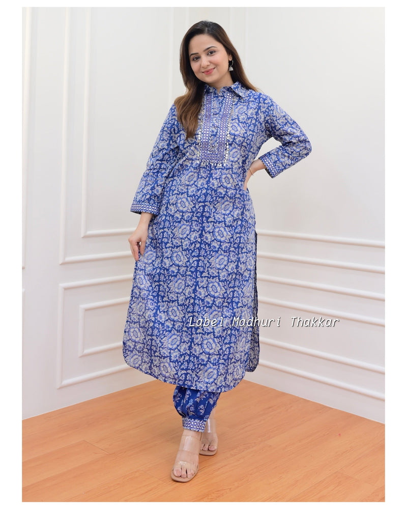 Navy Blue Floral Pathani Set
