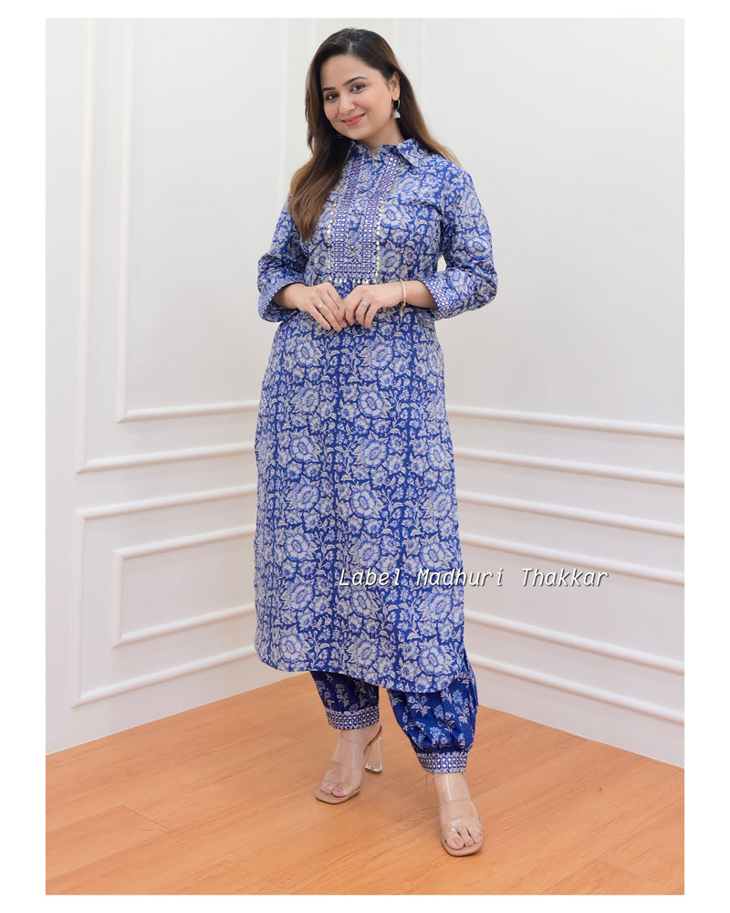 Navy Blue Floral Pathani Set