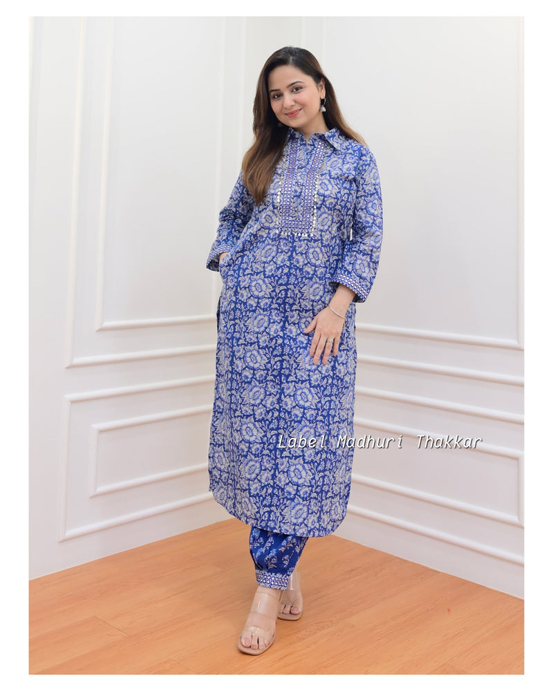 Navy Blue Floral Pathani Set