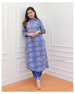 Navy Blue Floral Pathani Set