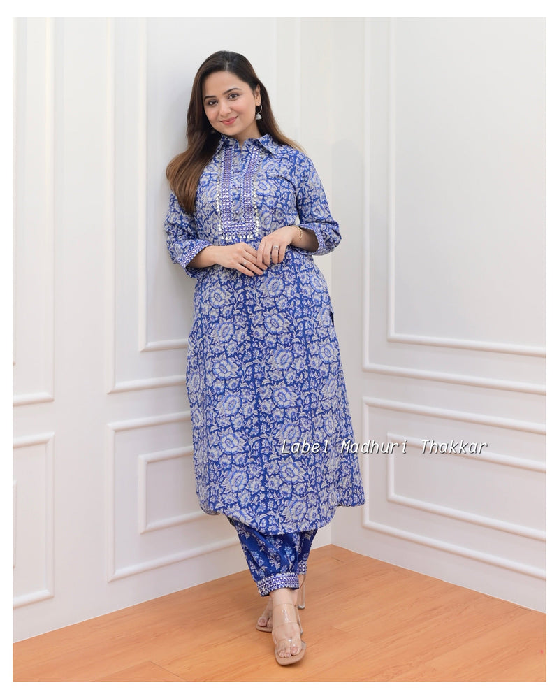 Navy Blue Floral Pathani Set