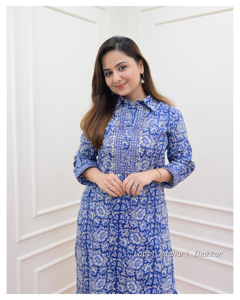 Navy Blue Floral Pathani Set