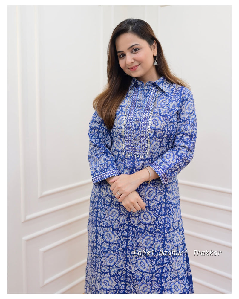 Navy Blue Floral Pathani Set