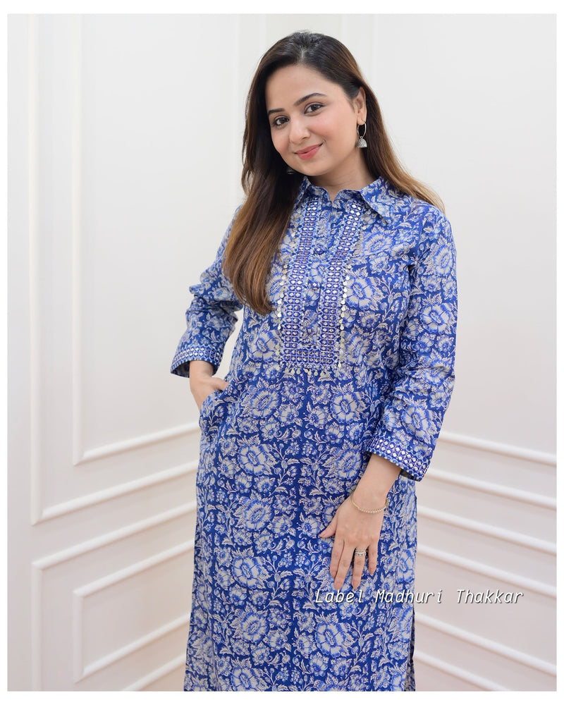 Navy Blue Floral Pathani Set