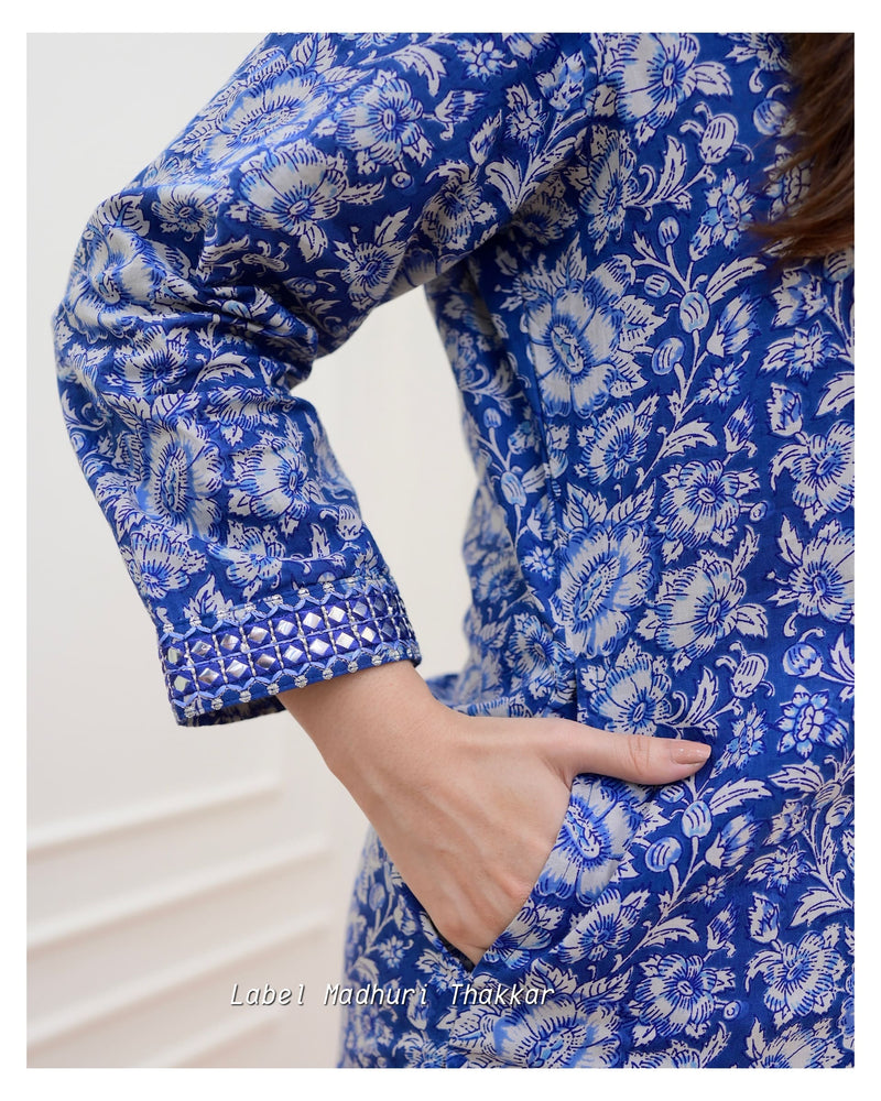 Navy Blue Floral Pathani Set