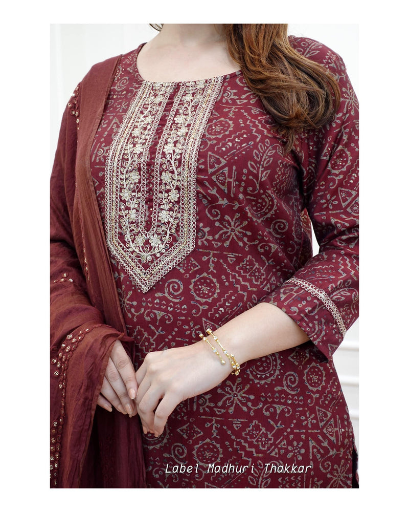 Maroon Muslin Embroidered Suit