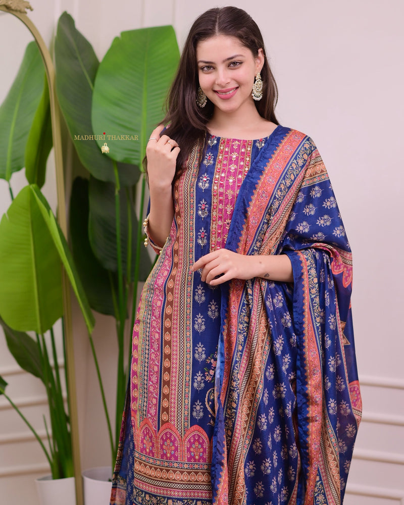 Blue Chinnon Handwork Festive Sharara Suit