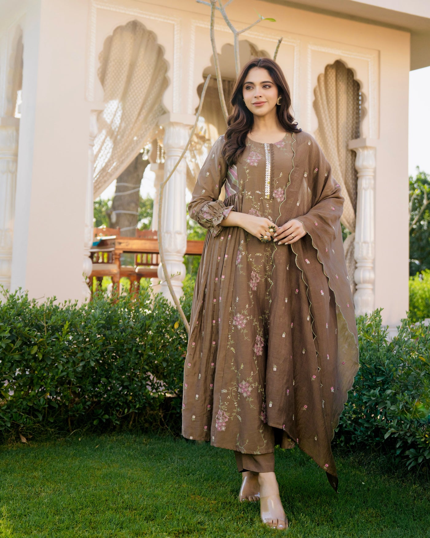 Walnut Brown Mul Chanderi Threadwork Premium A Line Suit