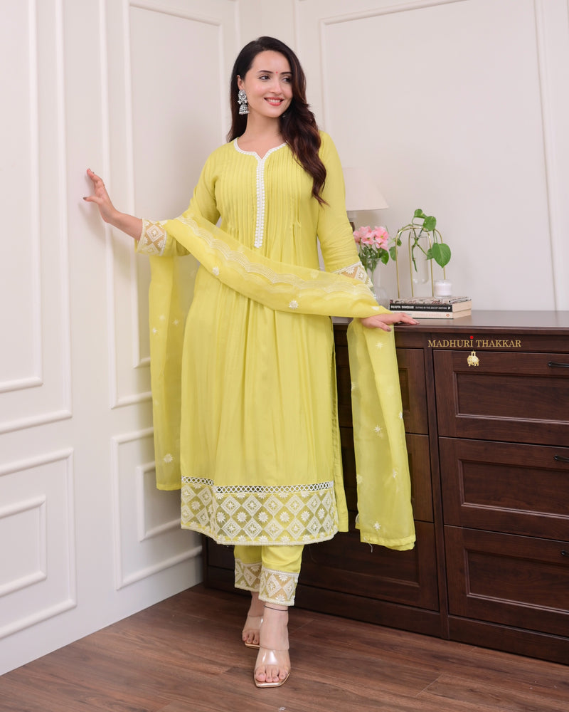 Greenish Yellow Muslin Festive Suit