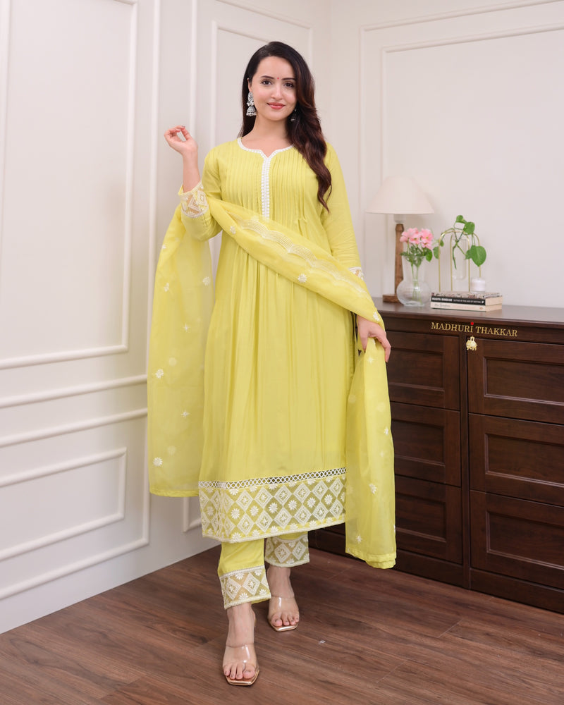 Greenish Yellow Muslin Festive Suit