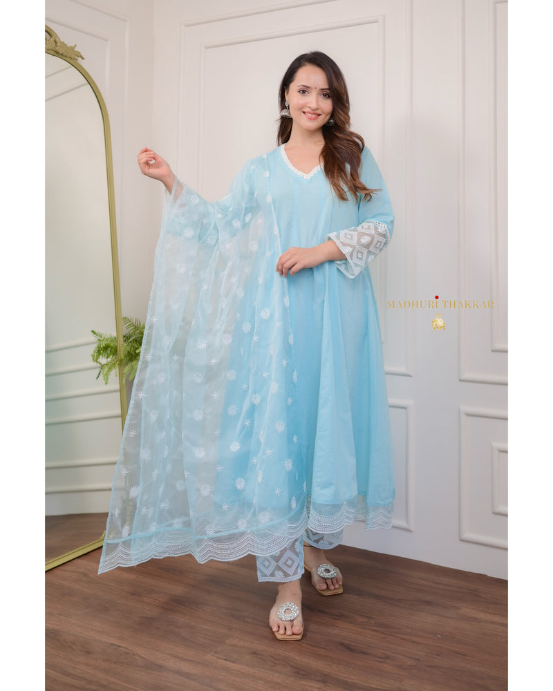 Sky Blue Embroidered Cotton Anarkali Suit