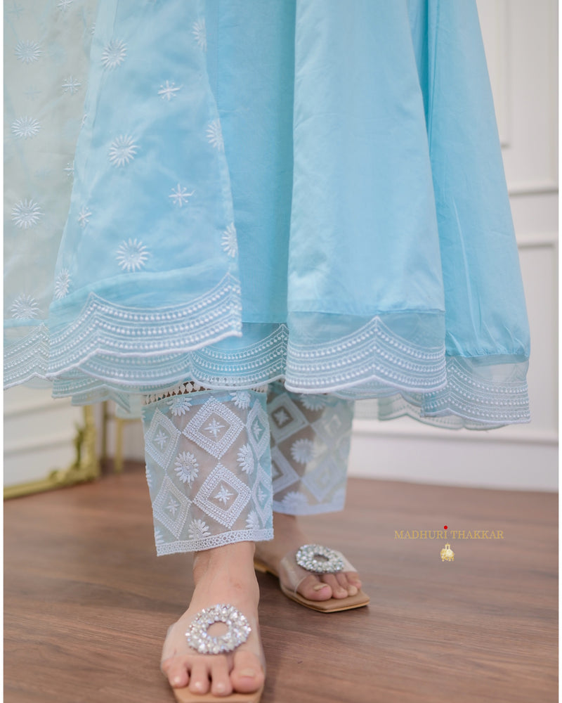 Sky Blue Embroidered Cotton Anarkali Suit