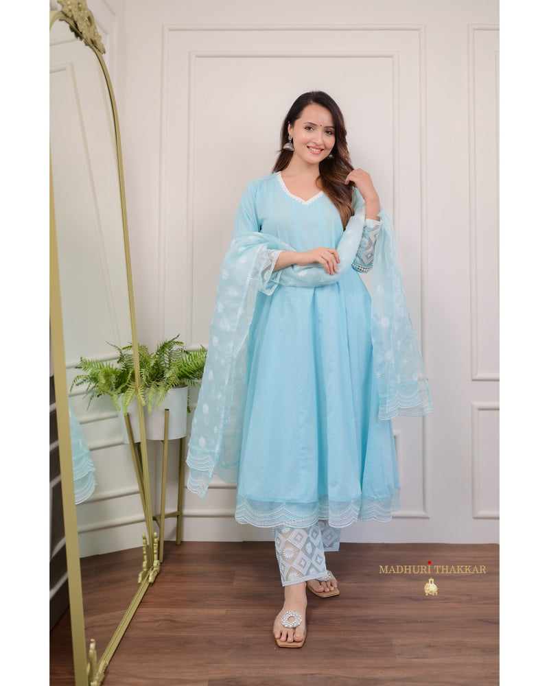 Sky Blue Embroidered Cotton Anarkali Suit