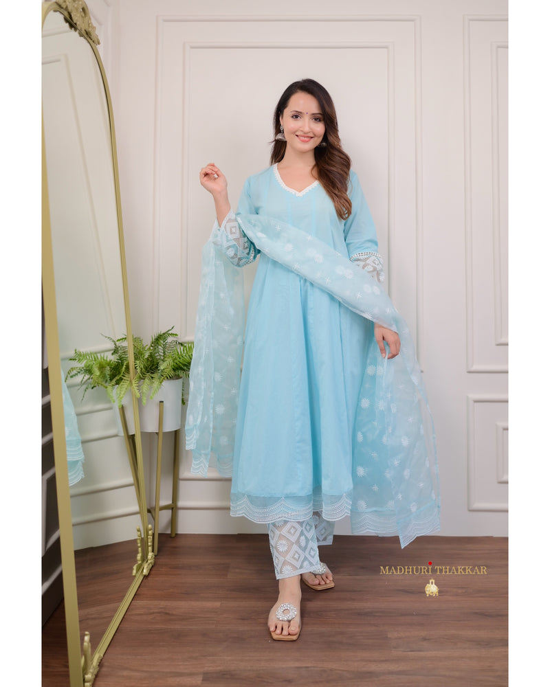 Sky Blue Embroidered Cotton Anarkali Suit