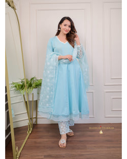 Sky Blue Embroidered Cotton Anarkali Suit