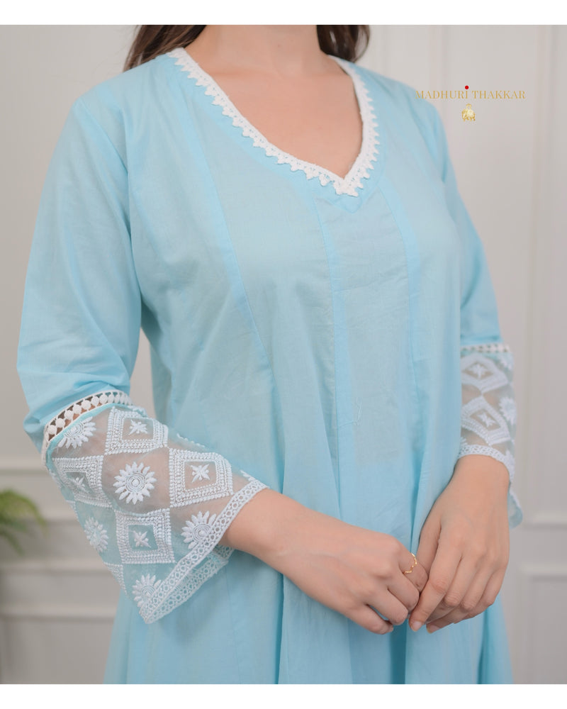 Sky Blue Embroidered Cotton Anarkali Suit