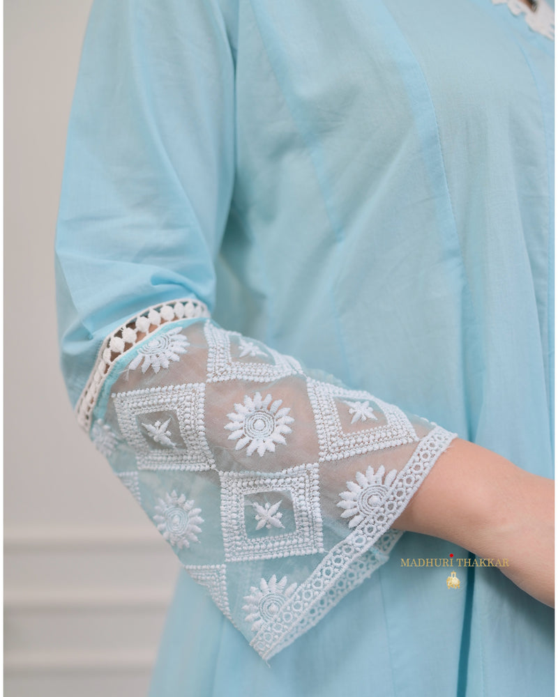 Sky Blue Embroidered Cotton Anarkali Suit