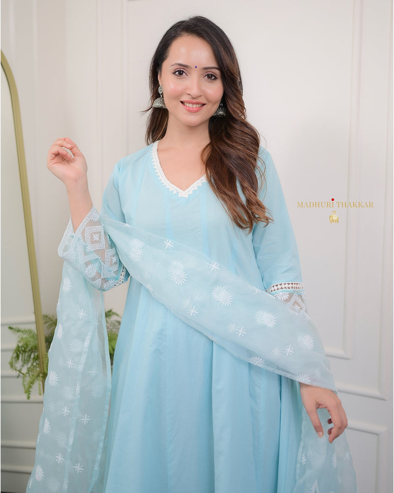 Sky Blue Embroidered Cotton Anarkali Suit