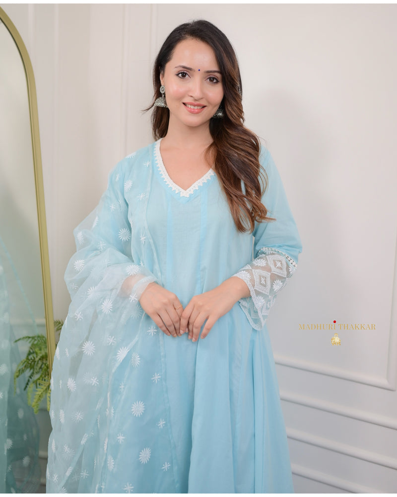 Sky Blue Embroidered Cotton Anarkali Suit
