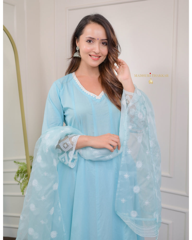 Sky Blue Embroidered Cotton Anarkali Suit