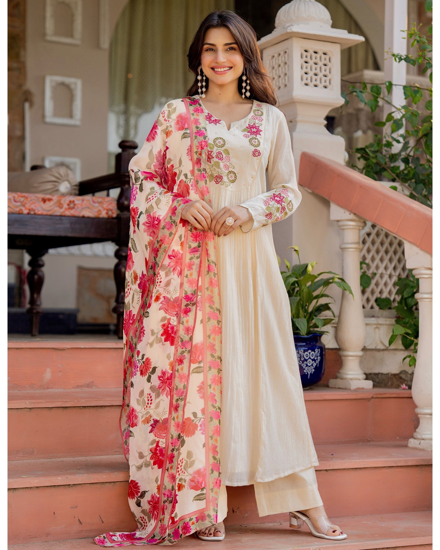 Ivory Phoolkari Grace Mul Cotton A Line Festive Suit