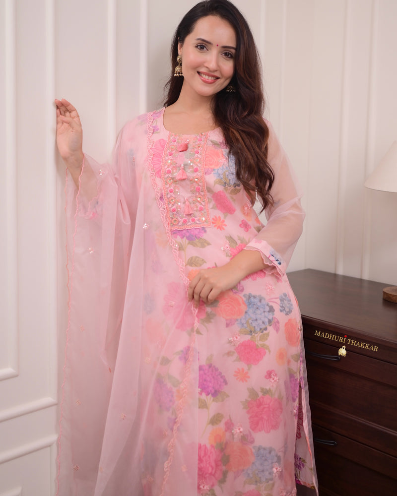 Baby Pink Floral Handwork Organza Suit