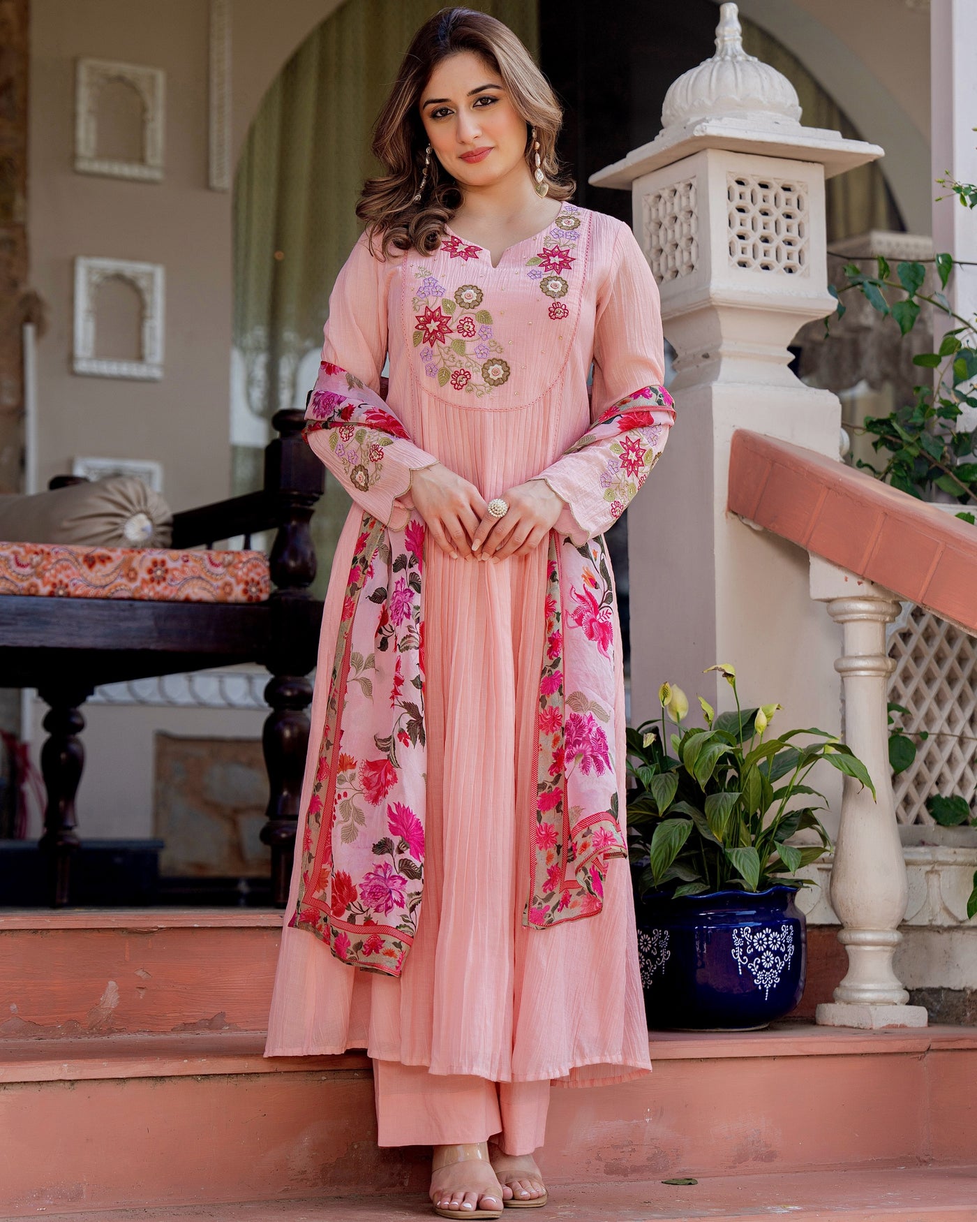 Rosy Peach Phoolkari Grace Mul Cotton A Line Festive Suit