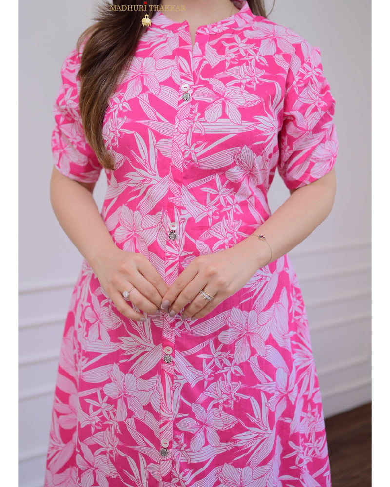 Pink Flower Cotton A Line Dress