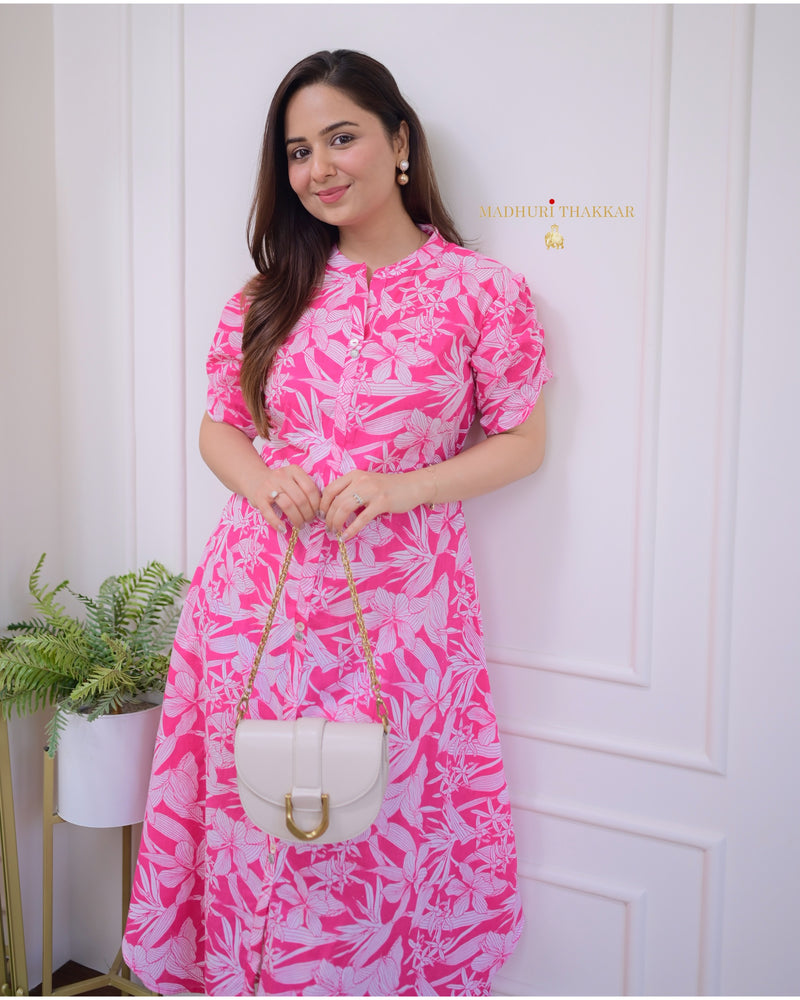 Pink Flower Cotton A Line Dress