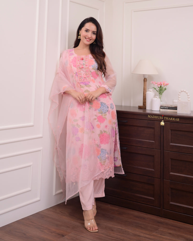 Baby Pink Floral Handwork Organza Suit