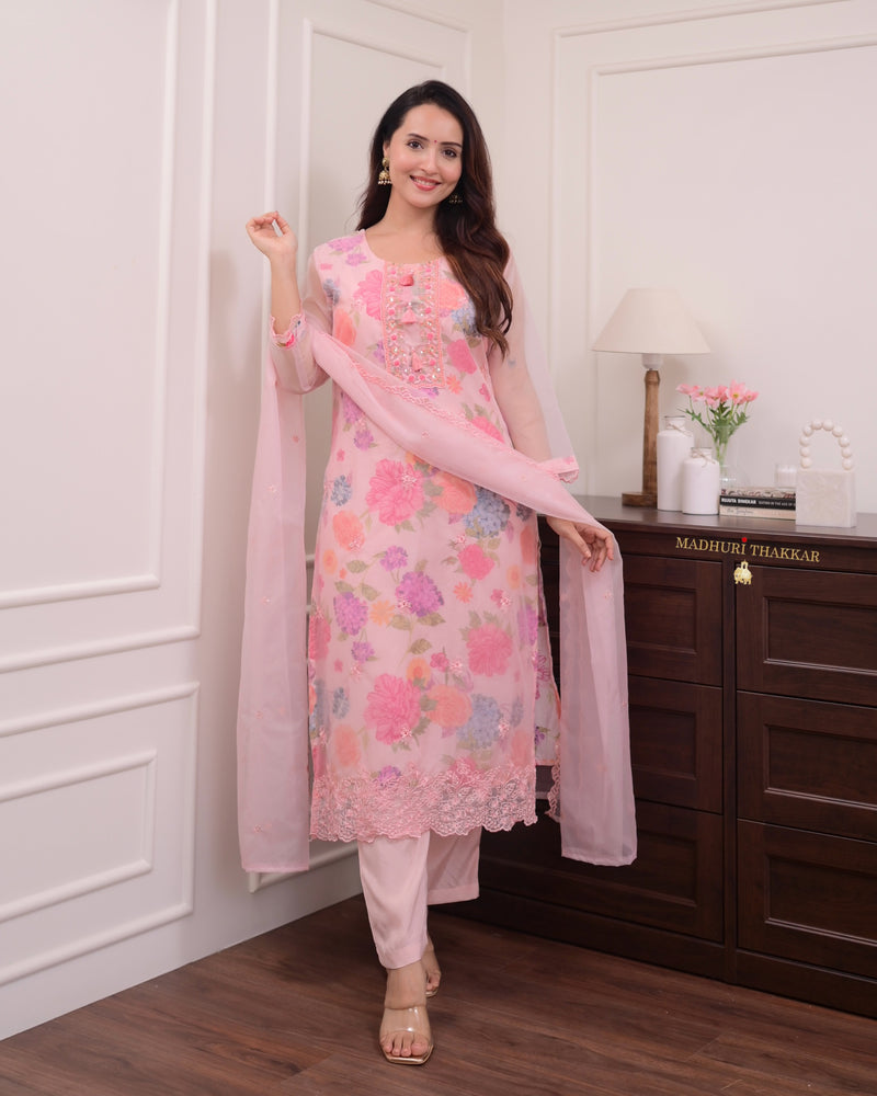 Baby Pink Floral Handwork Organza Suit
