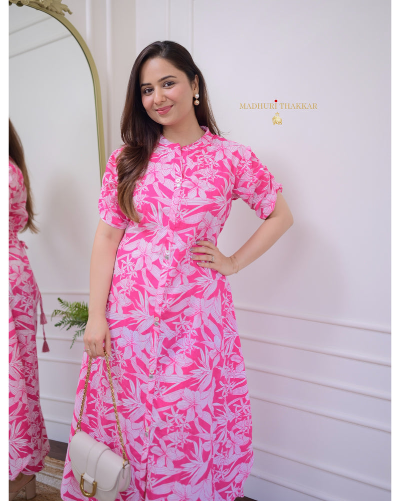 Pink Flower Cotton A Line Dress