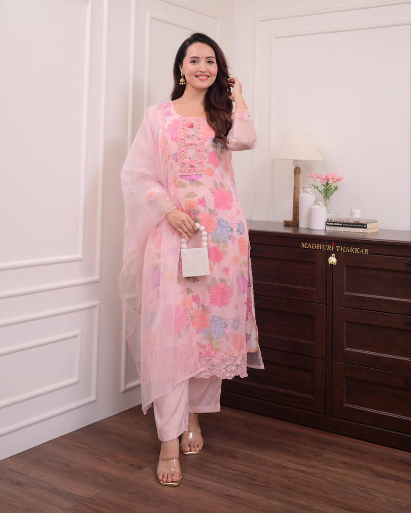 Baby Pink Floral Handwork Organza Suit