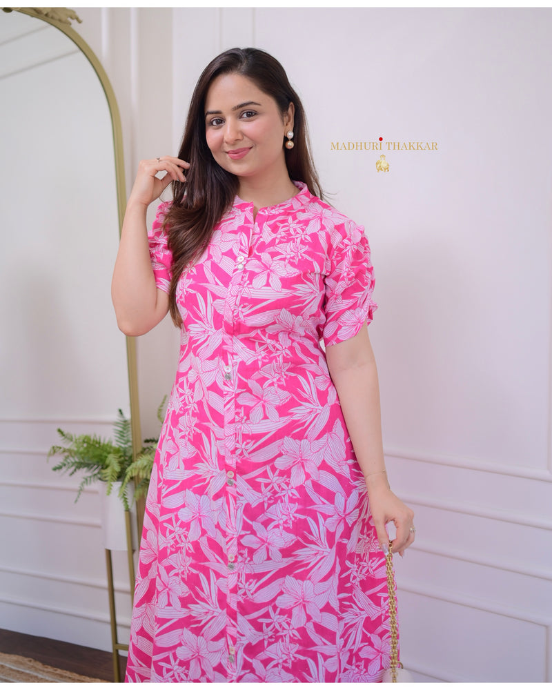 Pink Flower Cotton A Line Dress