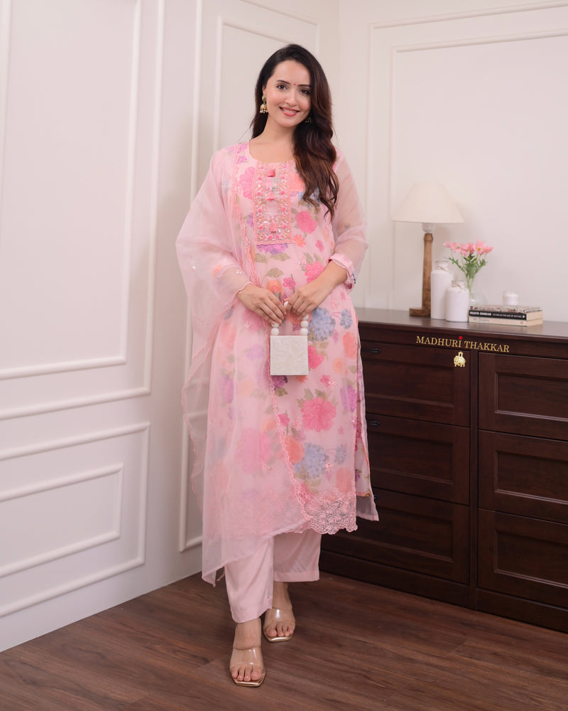 Baby Pink Floral Handwork Organza Suit
