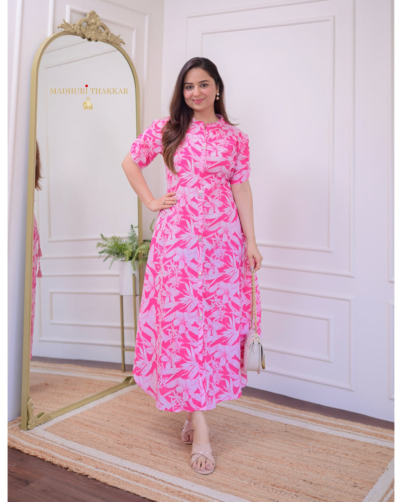 Pink Flower Cotton A Line Dress