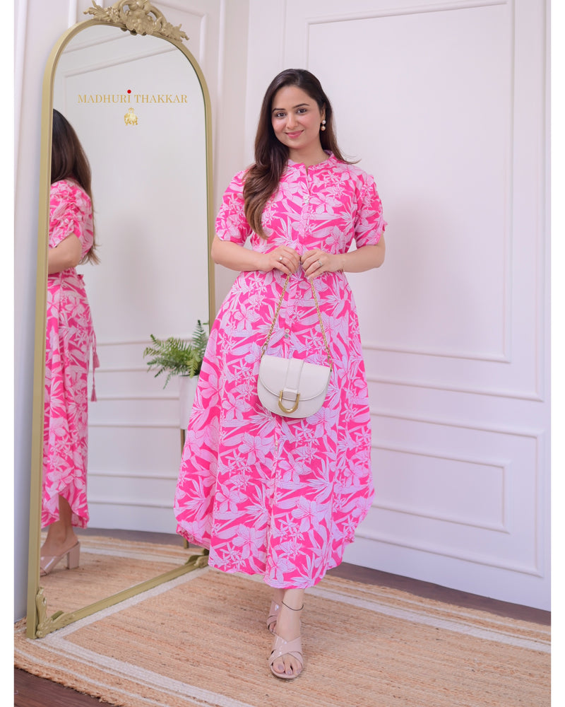Pink Flower Cotton A Line Dress