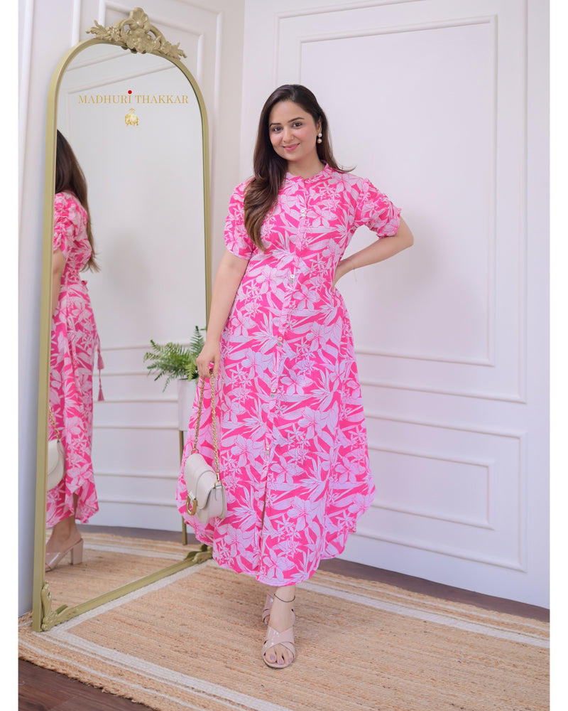 Pink Flower Cotton A Line Dress