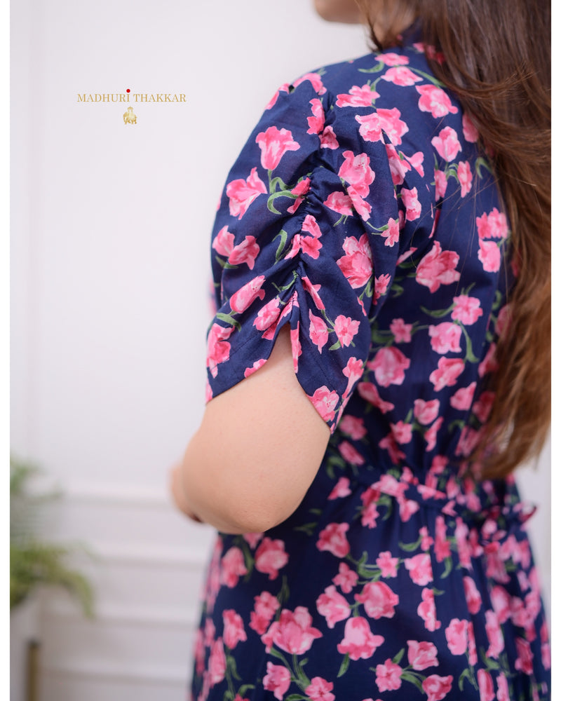 Navy Blue Rose Cotton A Line Dress