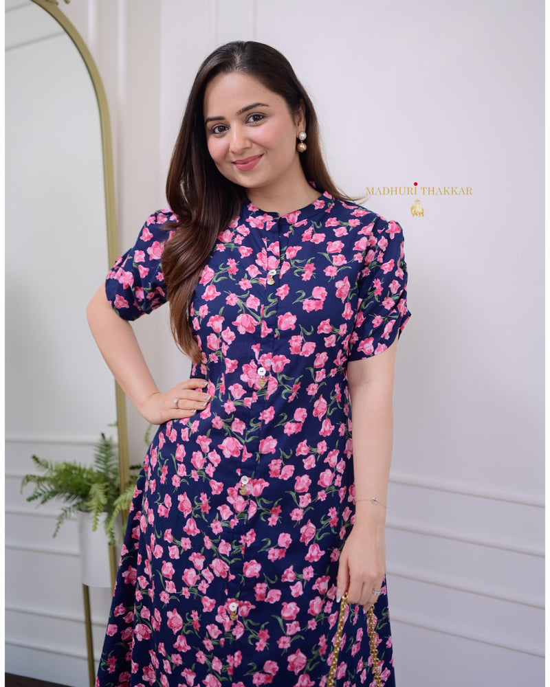 Navy Blue Rose Cotton A Line Dress