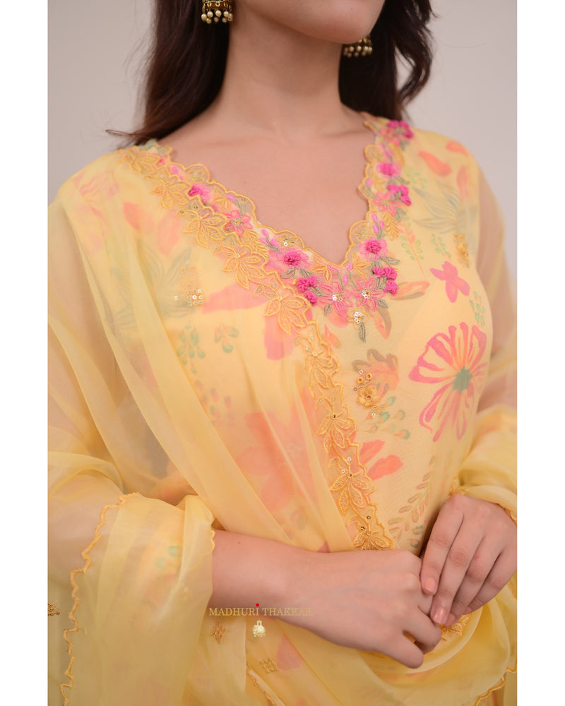Yellow Floral Handwork Organza Suit
