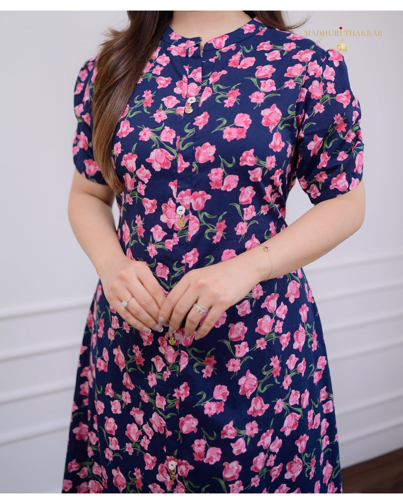 Navy Blue Rose Cotton A Line Dress